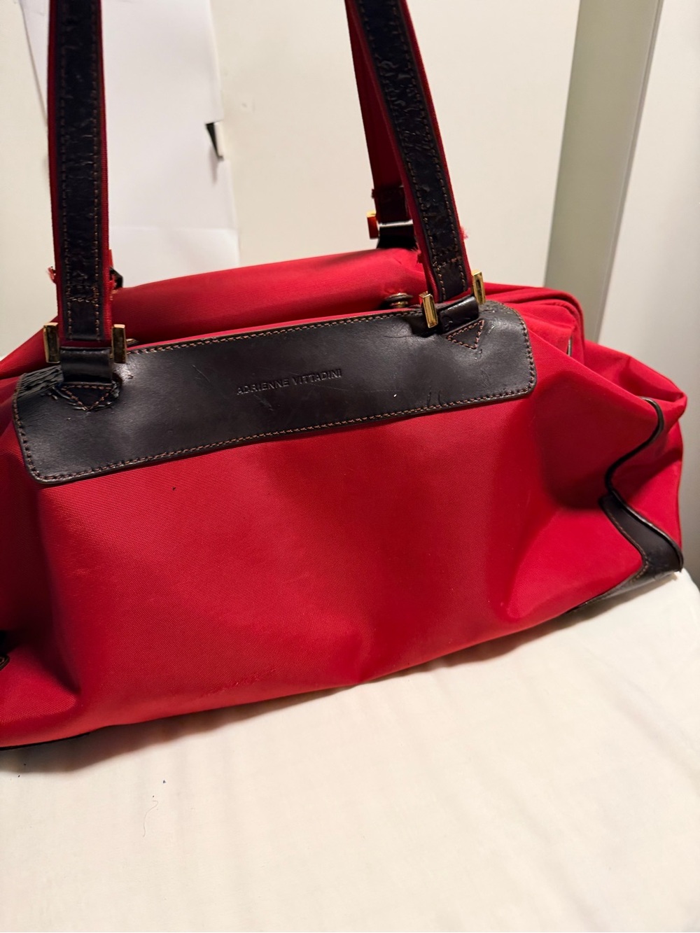 Adrienne Vittadini Red Canvas Shoulder Bag with Dark Brown Trim and Straps